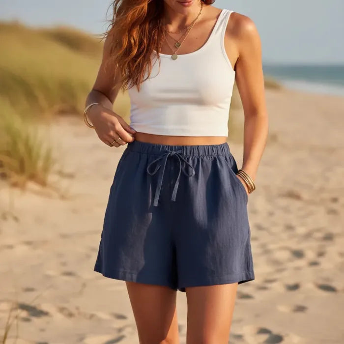 Casual Linen Shorts with Elasticated Waist and Drawstring