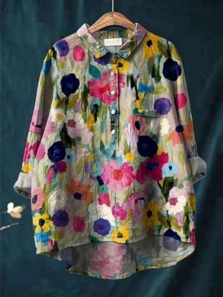 Relaxed Floral Print Linen Shirt with Long Sleeves and Chest Pocket