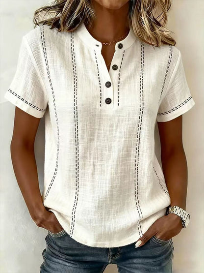 Casual Linen Short Sleeve Top with Button Neckline and Stitch Detail