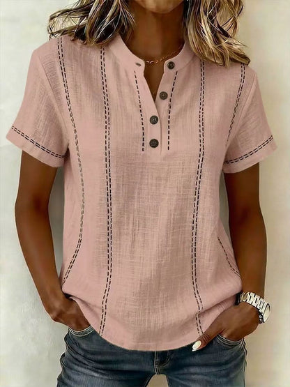Casual Linen Short Sleeve Top with Button Neckline and Stitch Detail