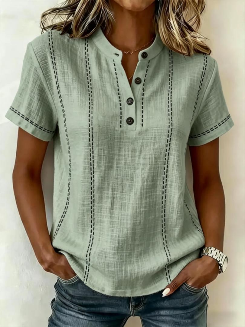 Casual Linen Short Sleeve Top with Button Neckline and Stitch Detail