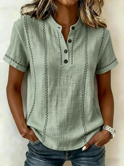 Casual Linen Short Sleeve Top with Button Neckline and Stitch Detail