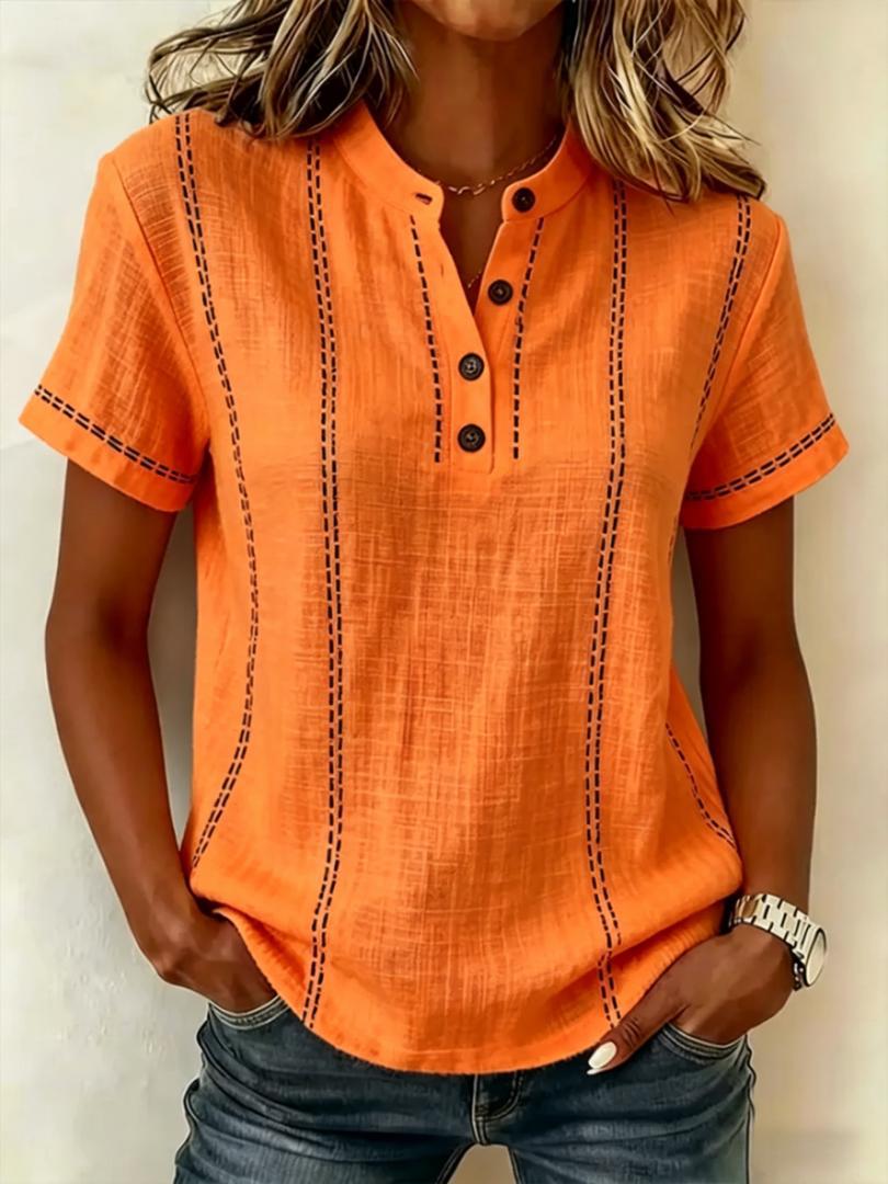 Casual Linen Short Sleeve Top with Button Neckline and Stitch Detail