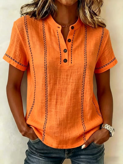 Casual Linen Short Sleeve Top with Button Neckline and Stitch Detail