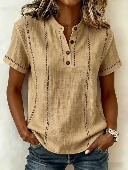 Casual Linen Short Sleeve Top with Button Neckline and Stitch Detail