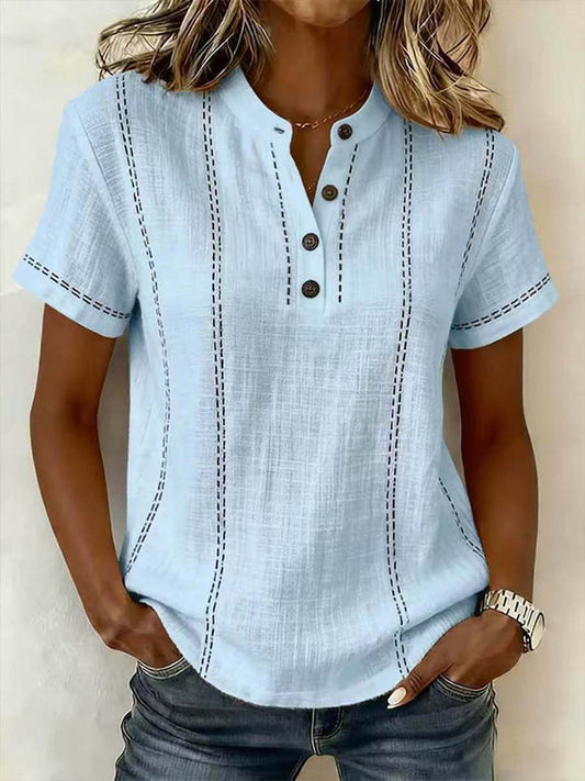 Casual Linen Short Sleeve Top with Button Neckline and Stitch Detail