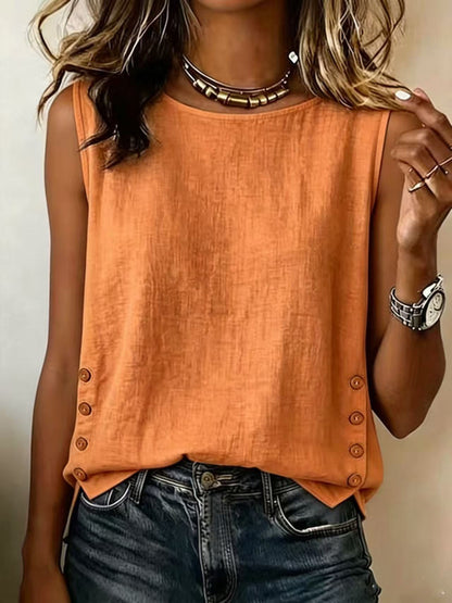 Casual Linen Tank Top with Button Side Detail