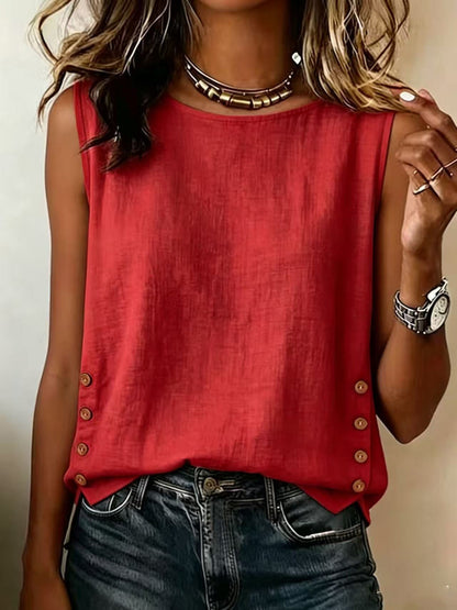 Casual Linen Tank Top with Button Side Detail