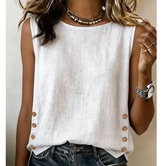 Casual Linen Tank Top with Button Side Detail