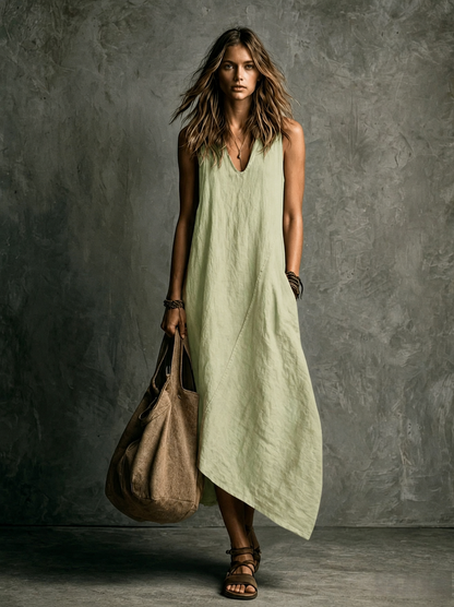 Relaxed Linen Maxi Dress with V-Neckline and Asymmetric Hem
