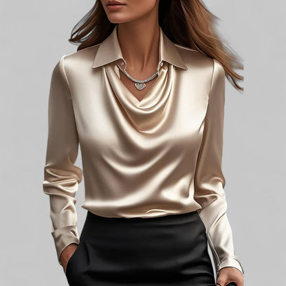 Elegant Satin Blouse with Draped Neckline and Classic Collar