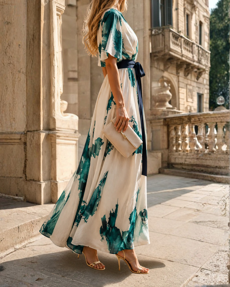 Elegant Wrap Maxi Dress with Watercolour Print and Tie Waist