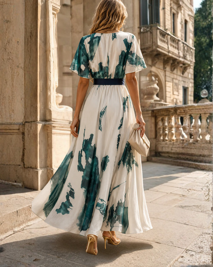 Elegant Wrap Maxi Dress with Watercolour Print and Tie Waist