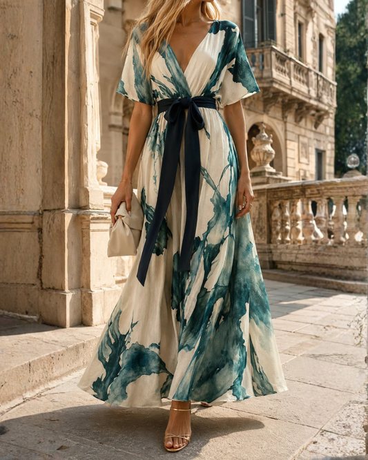 Elegant Wrap Maxi Dress with Watercolour Print and Tie Waist