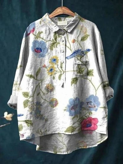 Relaxed Floral Print Linen Shirt with Long Sleeves and Chest Pocket
