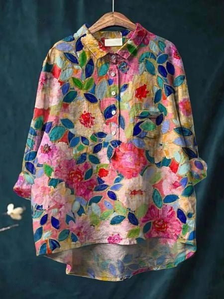 Relaxed Floral Print Linen Shirt with Long Sleeves and Chest Pocket