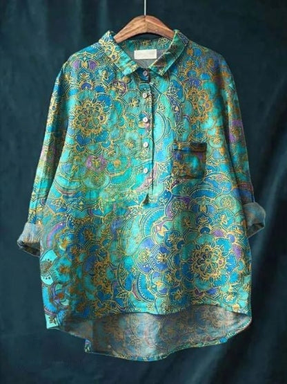Relaxed Floral Print Linen Shirt with Long Sleeves and Chest Pocket