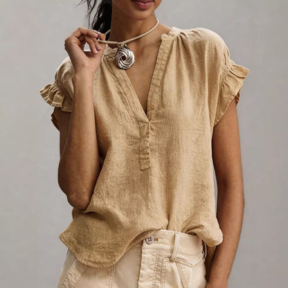 Relaxed Linen Blouse with V-Neckline and Ruffle Sleeves