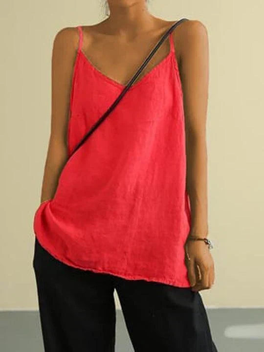 Relaxed Linen Cami Top with V-Neckline and Spaghetti Straps