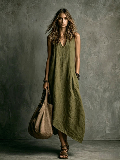 Relaxed Linen Maxi Dress with V-Neckline and Asymmetric Hem