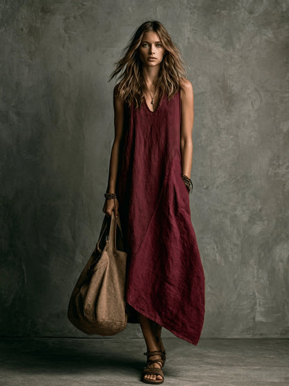 Relaxed Linen Maxi Dress with V-Neckline and Asymmetric Hem