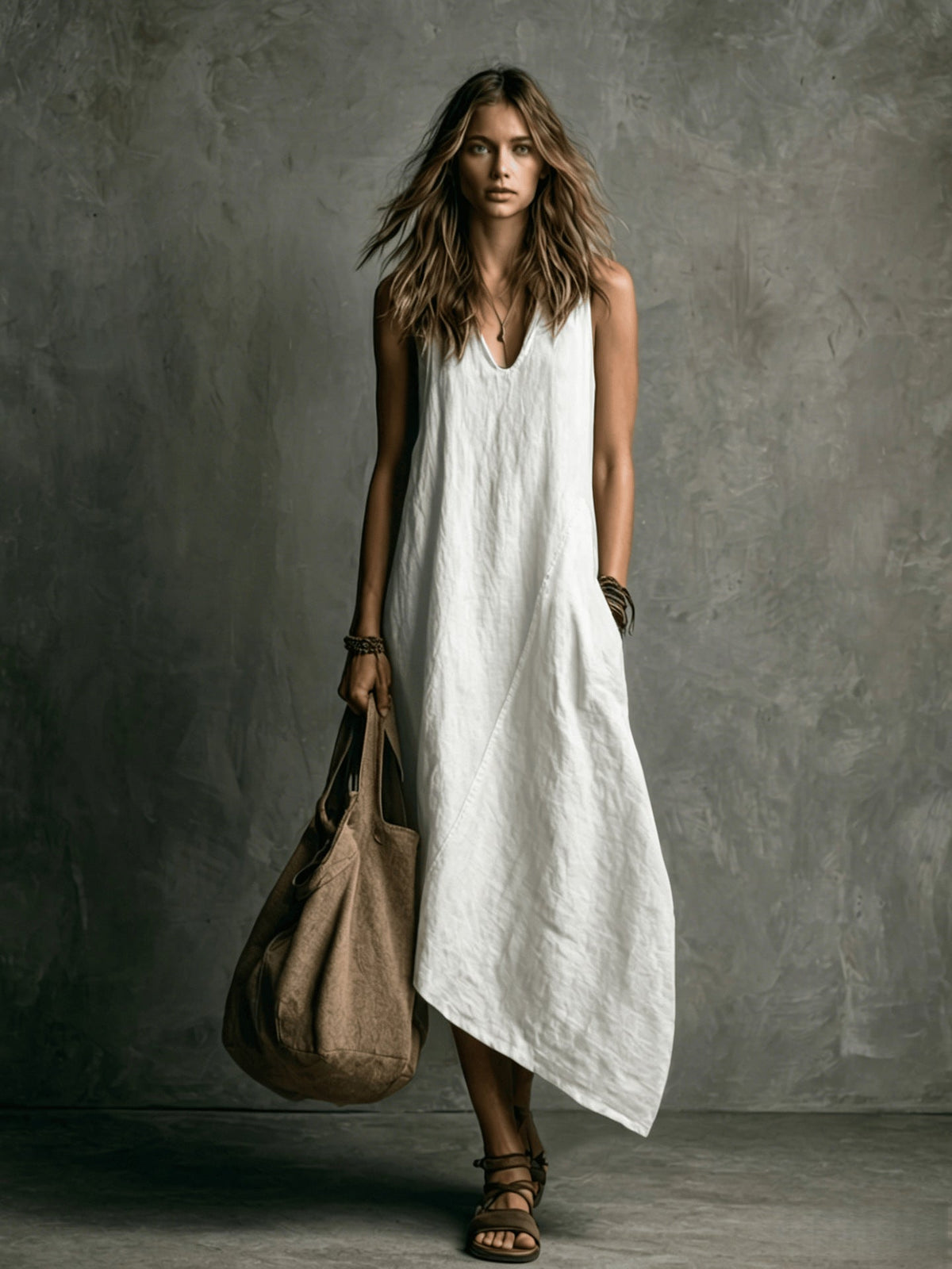 Relaxed Linen Maxi Dress with V-Neckline and Asymmetric Hem