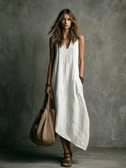 Relaxed Linen Maxi Dress with V-Neckline and Asymmetric Hem