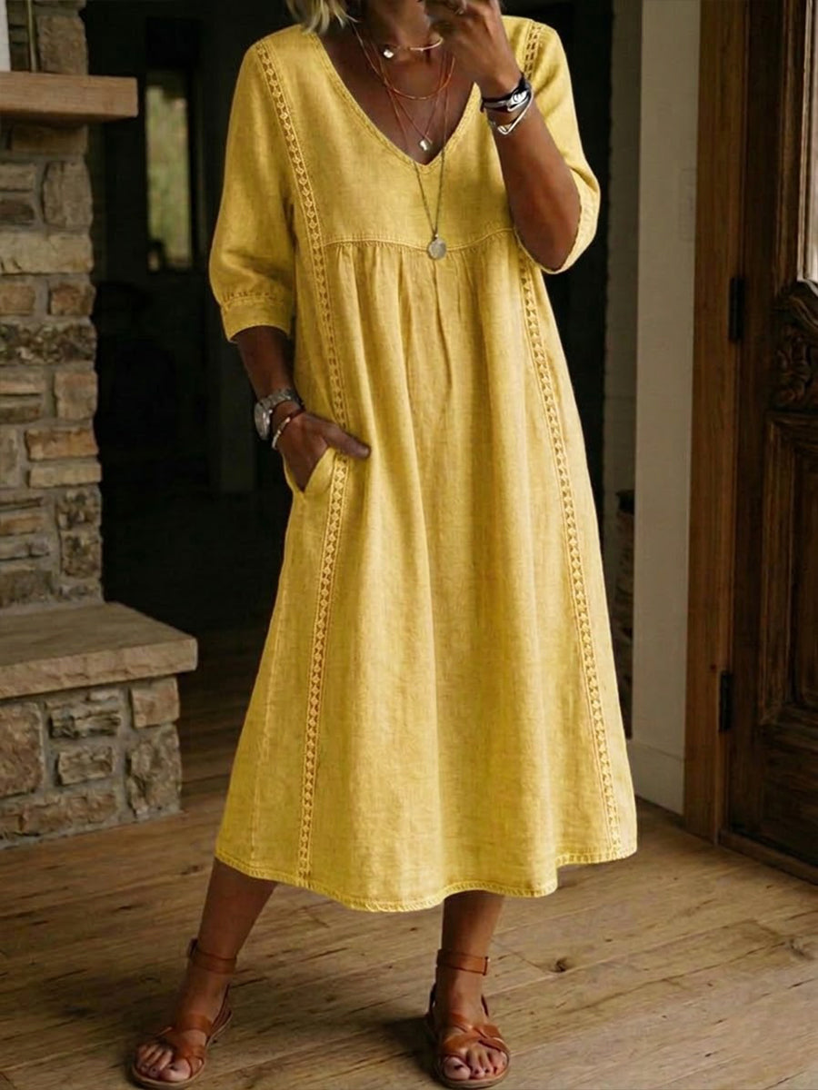 Relaxed Linen Midi Dress with V-Neckline and Lace Trim Detail