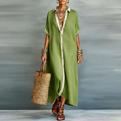 Relaxed Linen Shirt Maxi Dress with Button Front and Collar