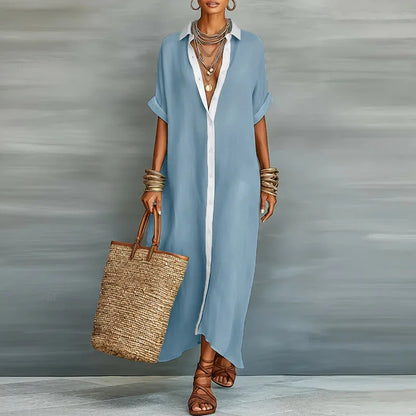 Relaxed Linen Shirt Maxi Dress with Button Front and Collar
