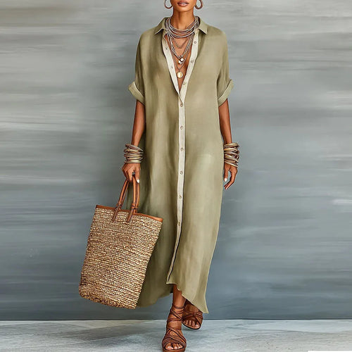 Relaxed Linen Shirt Maxi Dress with Button Front and Collar