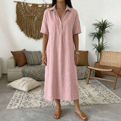 Relaxed Linen Shirt Midi Dress with Collar and Short Sleeves