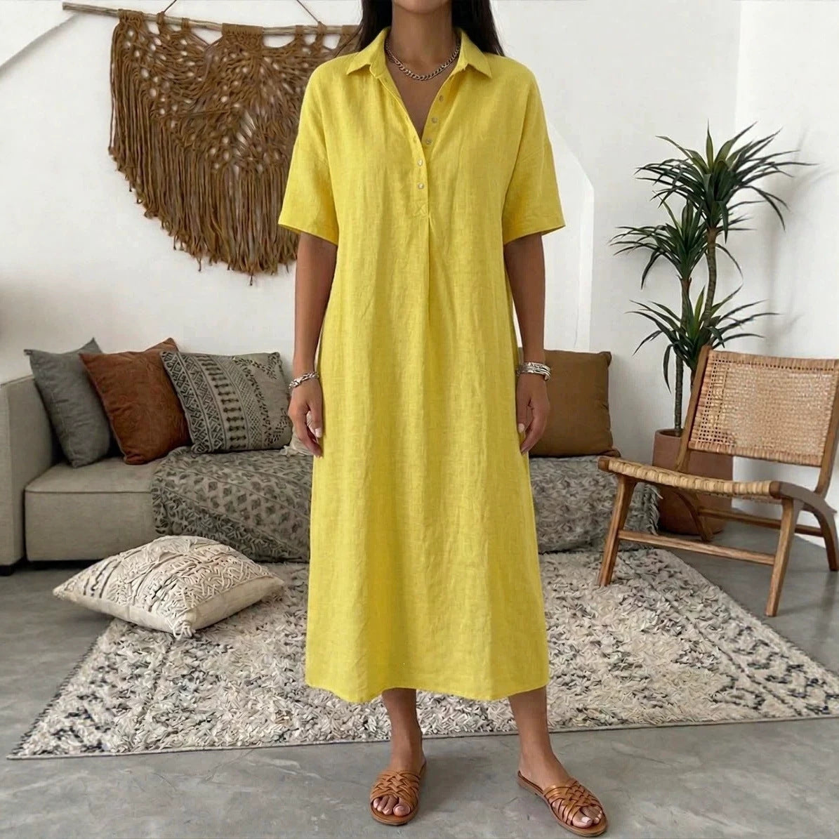 Relaxed Linen Shirt Midi Dress with Collar and Short Sleeves