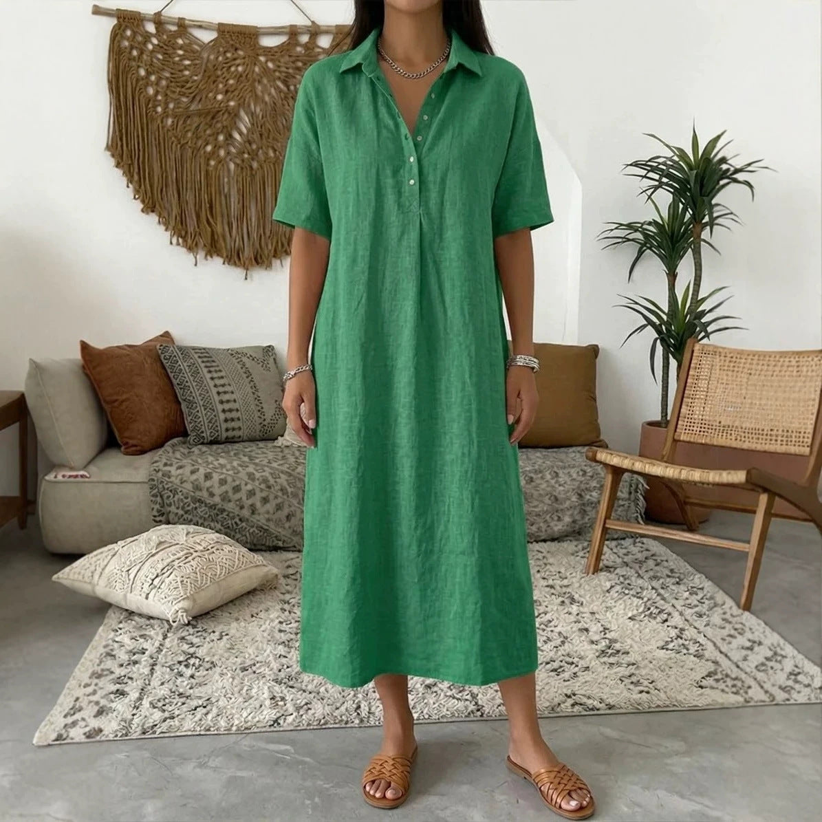 Relaxed Linen Shirt Midi Dress with Collar and Short Sleeves