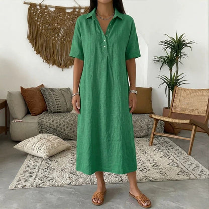 Relaxed Linen Shirt Midi Dress with Collar and Short Sleeves