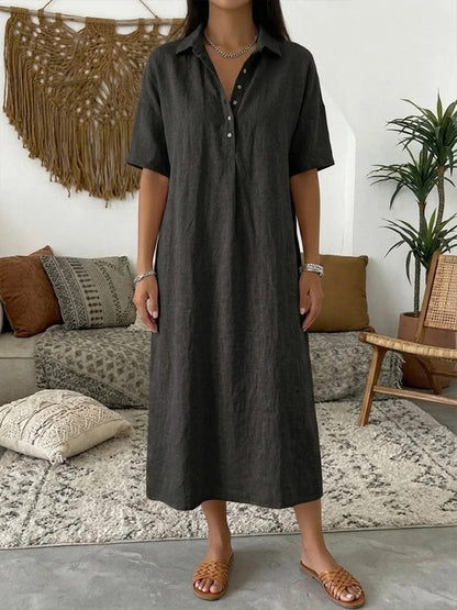 Relaxed Linen Shirt Midi Dress with Collar and Short Sleeves