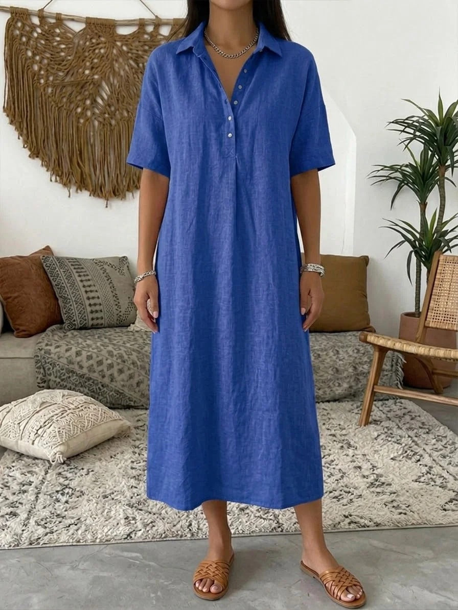 Relaxed Linen Shirt Midi Dress with Collar and Short Sleeves