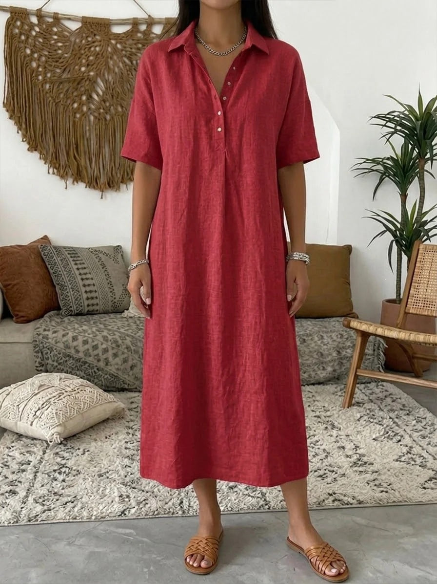Relaxed Linen Shirt Midi Dress with Collar and Short Sleeves