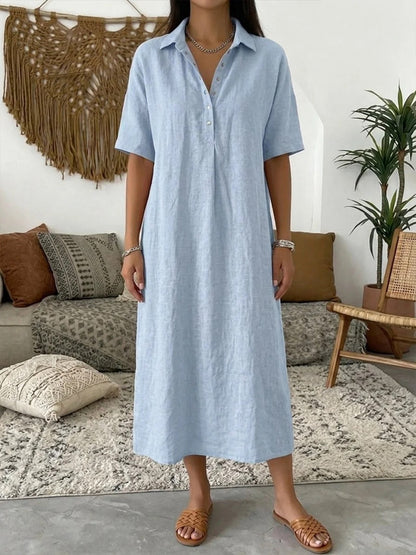 Relaxed Linen Shirt Midi Dress with Collar and Short Sleeves
