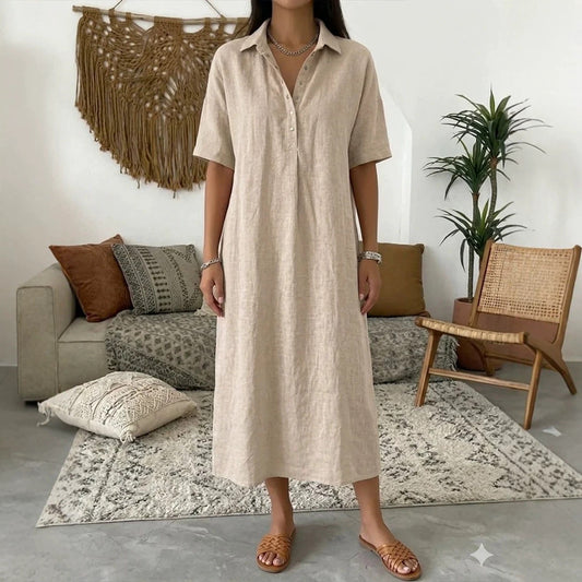 Relaxed Linen Shirt Midi Dress with Collar and Short Sleeves