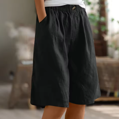 Relaxed Linen Shorts with Elastic Waist and Side Pockets