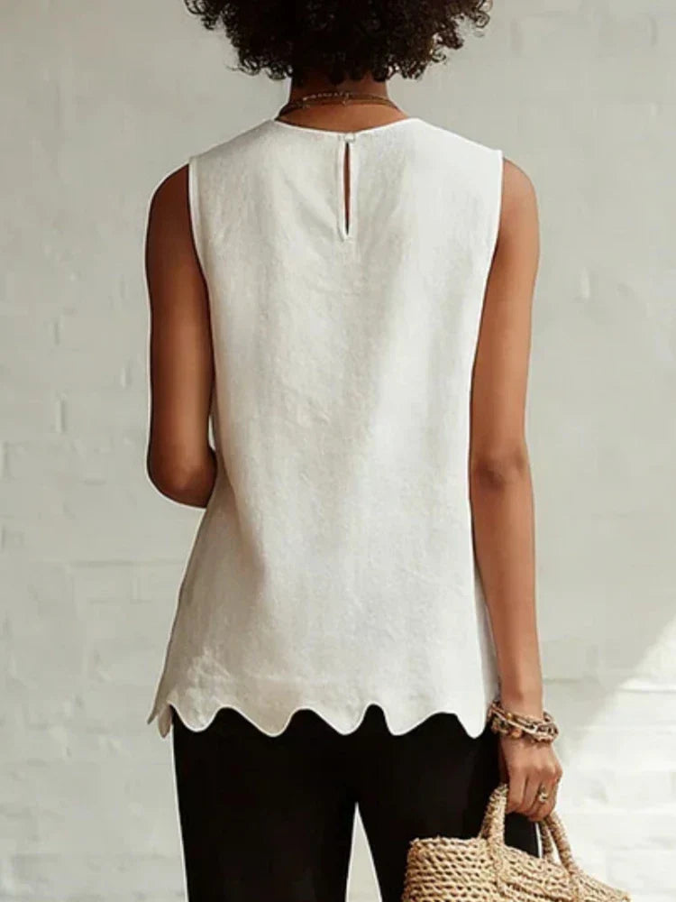 Relaxed Linen Sleeveless Top with Scallop Hem and Round Neck