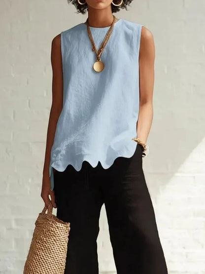 Relaxed Linen Sleeveless Top with Scallop Hem and Round Neck