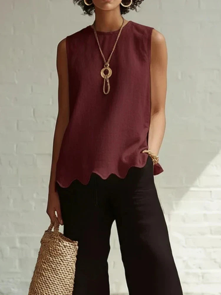 Relaxed Linen Sleeveless Top with Scallop Hem and Round Neck