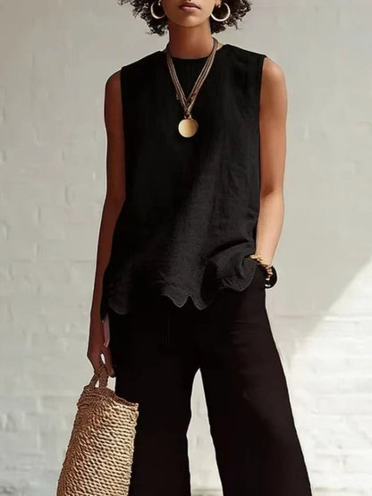 Relaxed Linen Sleeveless Top with Scallop Hem and Round Neck