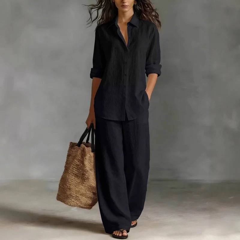 Relaxed Linen Two Piece Set with Long Sleeve Shirt and Wide Leg Trousers