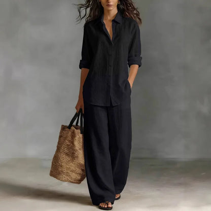 Relaxed Linen Two Piece Set with Long Sleeve Shirt and Wide Leg Trousers