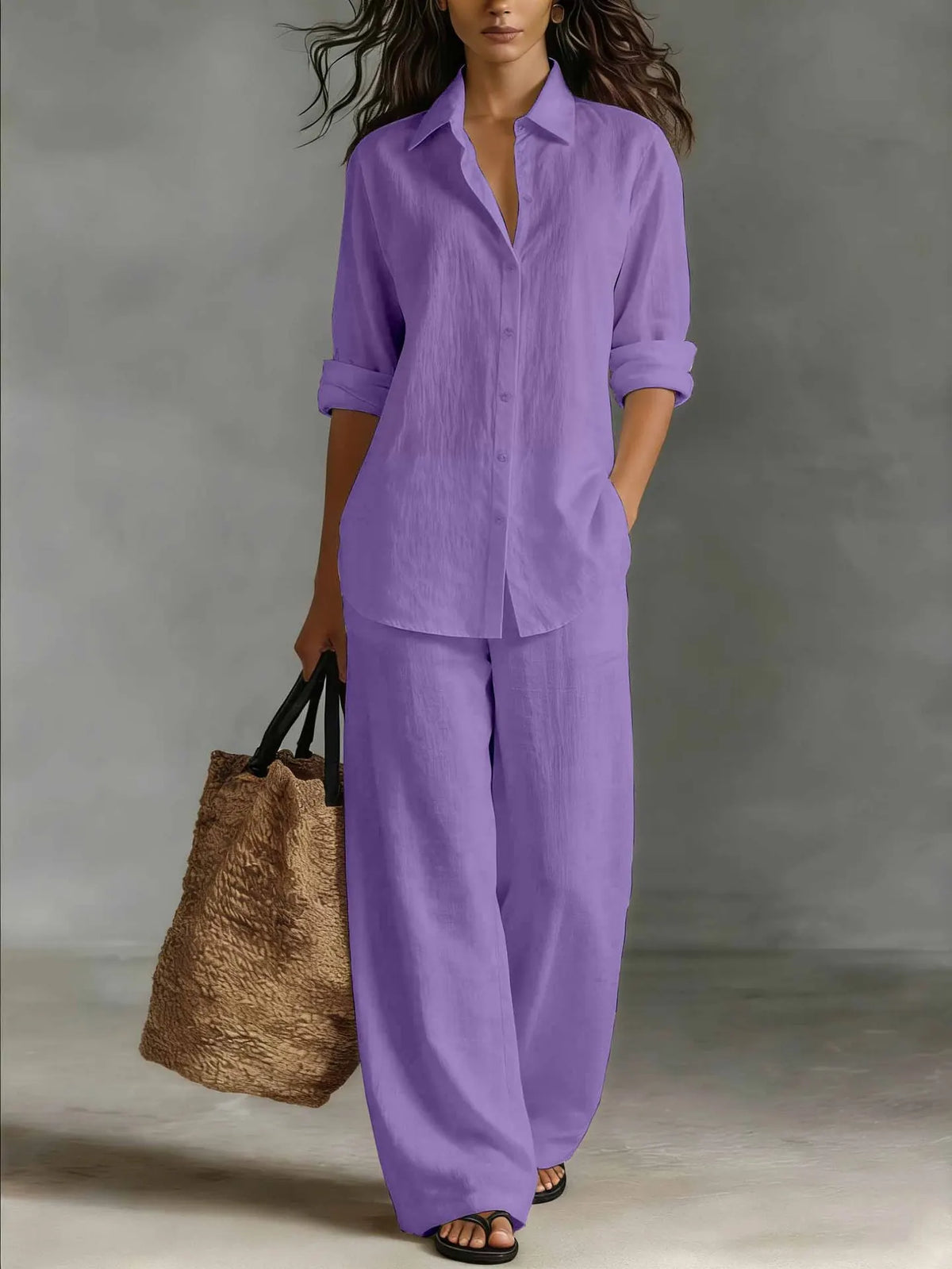 Relaxed Linen Two Piece Set with Long Sleeve Shirt and Wide Leg Trousers