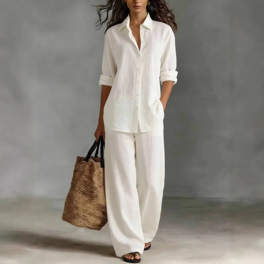 Relaxed Linen Two Piece Set with Long Sleeve Shirt and Wide Leg Trousers