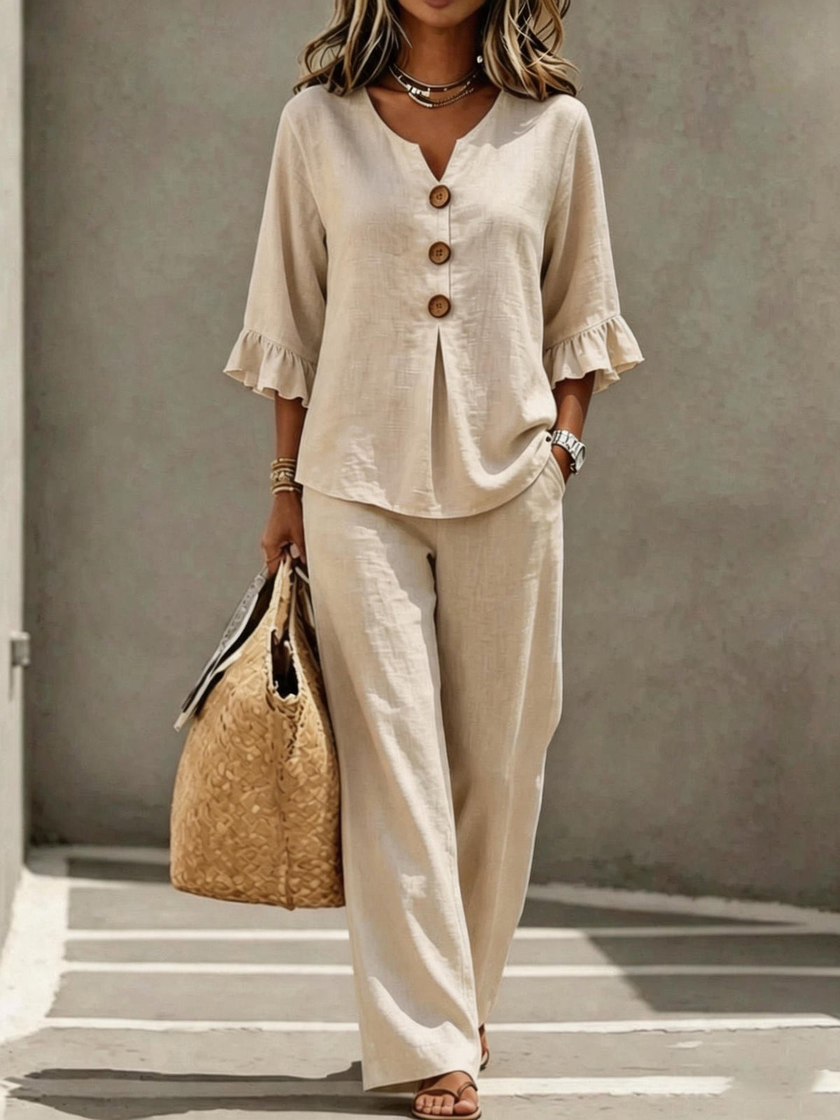Relaxed Linen Two Piece Set with Ruffle Sleeve Top and Wide Leg Trousers